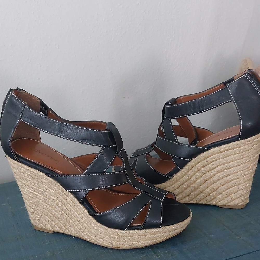 CALVIN KLEIN Chic Black Wedge Sandals with Braided Heel, sz 8.5